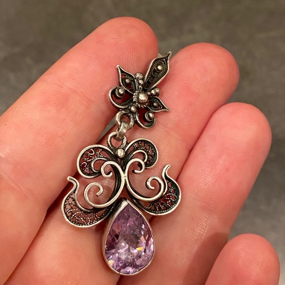 Filigree earrings 925 silver with purple stone - Picture 13 of 14